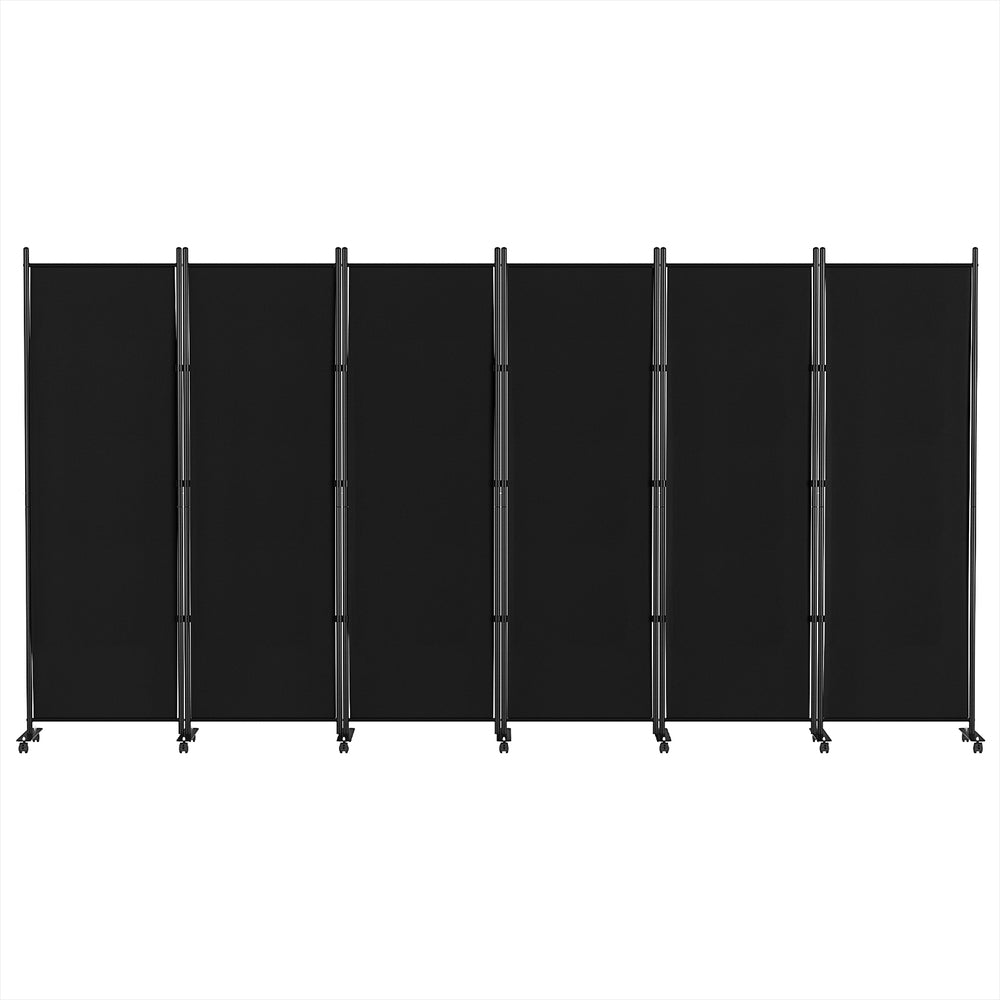 Black 6-panel fabric room divider on wheels flat front view on white background with black metal frame and caster bases