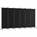 Black 6-panel fabric room divider on wheels spread angle view on white background with black metal frame and caster bases