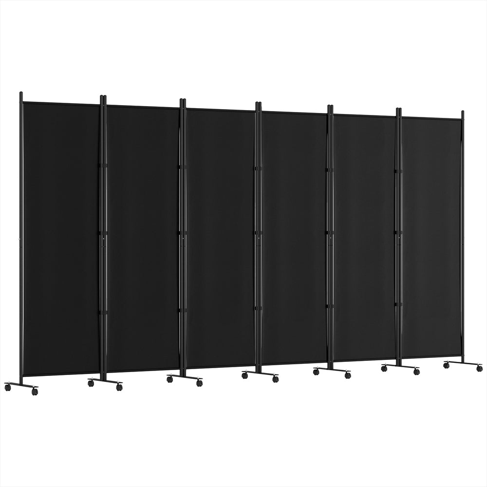 Black 6-panel fabric room divider on wheels spread angle view on white background with black metal frame and caster bases