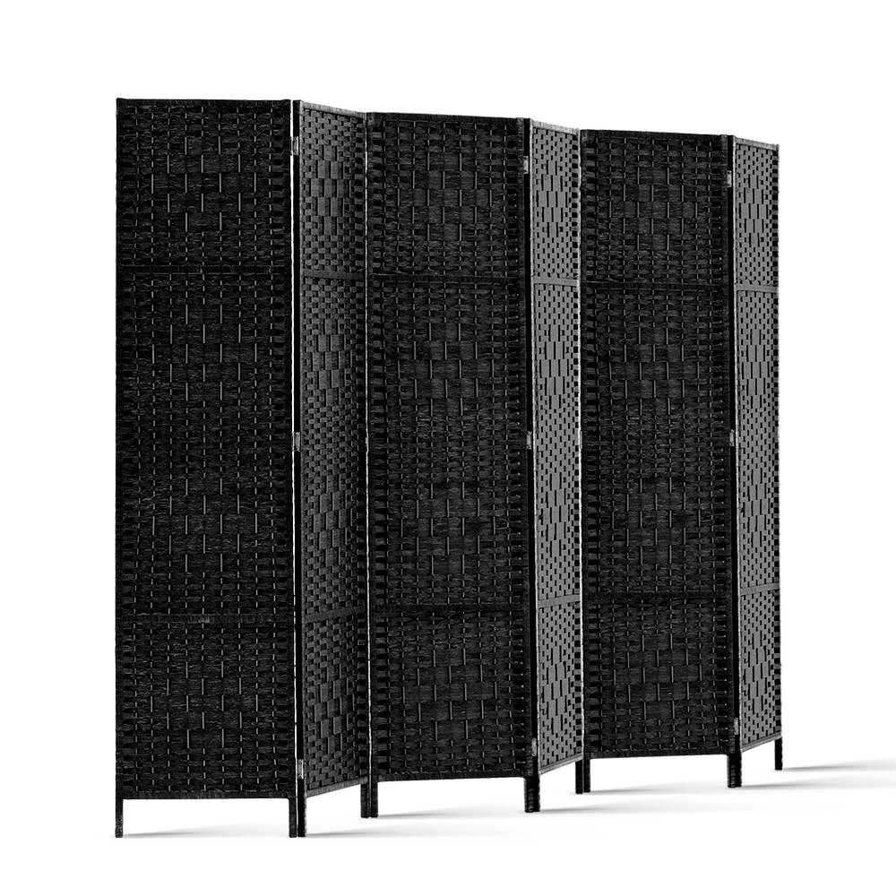 Black 6-panel woven paper rope room divider angled open view on white background with black woven panels and gold hinges
