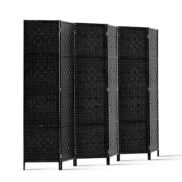 Black 6-panel woven paper rope room divider angled open view on white background with black woven panels and gold hinges