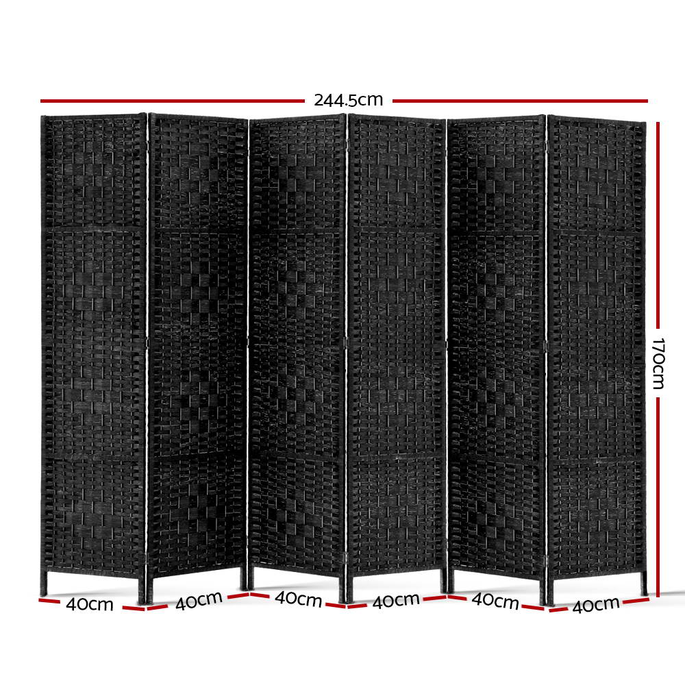 Black 6-panel woven paper rope room divider angled open view on white background with black woven panels and gold hinges