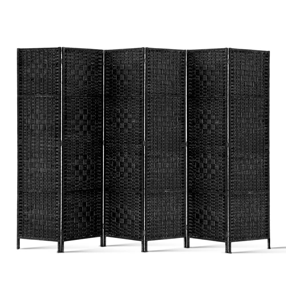 Black 6-panel woven paper rope room divider flat front view on white background with black woven panels and wood feet