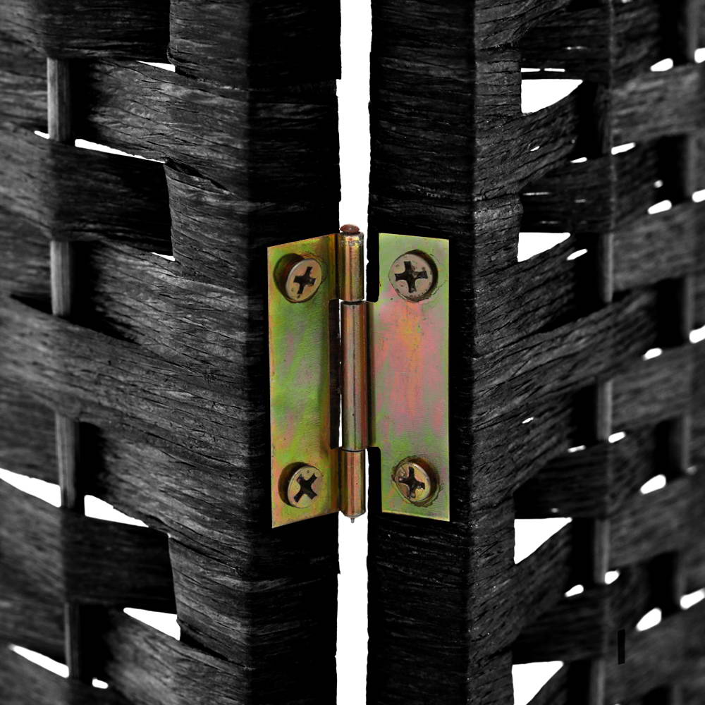 Black 6-panel woven paper rope room divider gold hinge close-up between two black woven panels on black wood frame