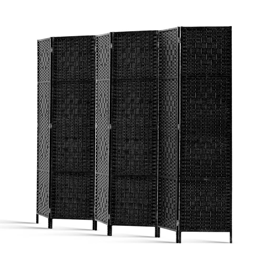 Black 6-panel woven paper rope room divider arc open configuration on white background with black woven panels