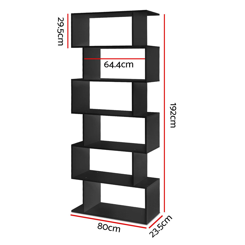 Dimensions diagram of black S-shaped bookcase: 192cm tall, 80cm wide, 23.5cm deep, shelf width 64.4cm