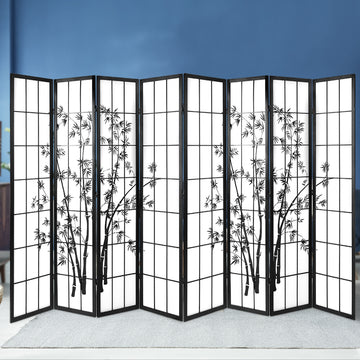 Black 8-panel bamboo print shoji room divider against blue wall background showing all eight panels and bamboo design