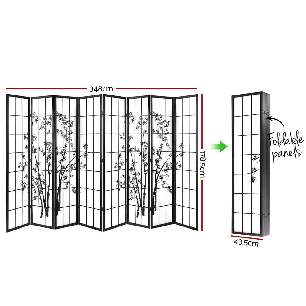 Black 8-panel bamboo print shoji room divider against blue wall background showing all eight panels and bamboo design