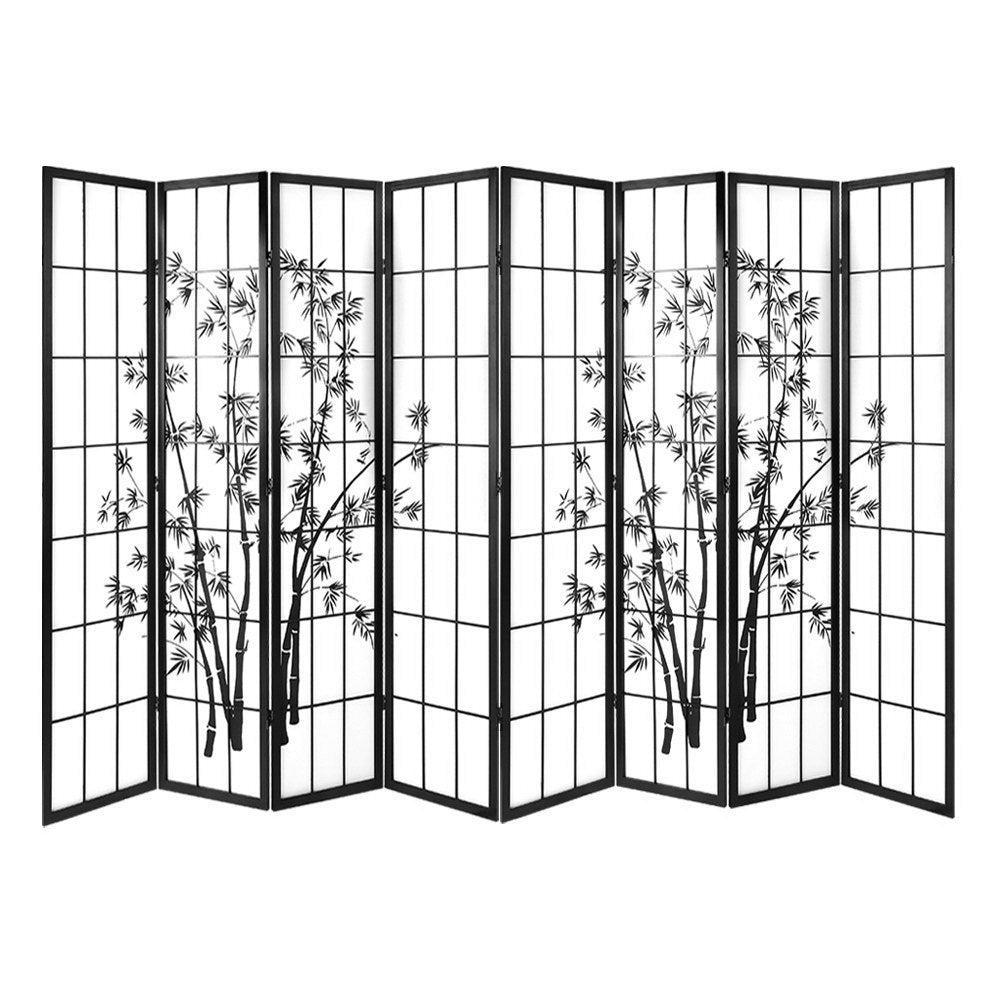 Black 8-panel bamboo print shoji room divider flat open front view on white background with black frame and bamboo design