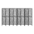Black 8-panel geometric cutout MDF room divider front view on white background with black wood frame and feet