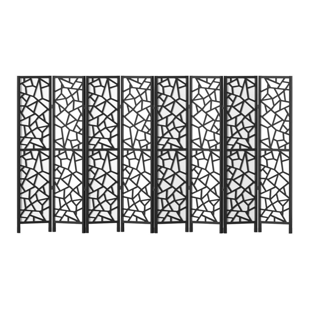 Black 8-panel geometric cutout MDF room divider front view on white background with black wood frame and feet