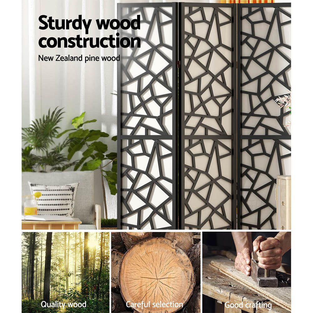 Black 8-panel geometric room divider NZ pine construction with quality wood selection and crafting close-ups
