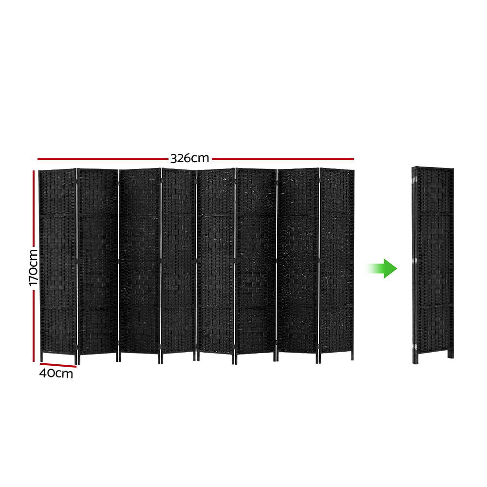 Black 8-panel woven paper rope room divider flat open front view on white background with black woven panels