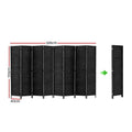 Black 8-panel woven paper rope room divider dimension diagram 326cm wide 170cm tall 40cm depth with foldable compact view