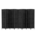 Black 8-panel woven paper rope room divider flat open front view on white background with black woven panels