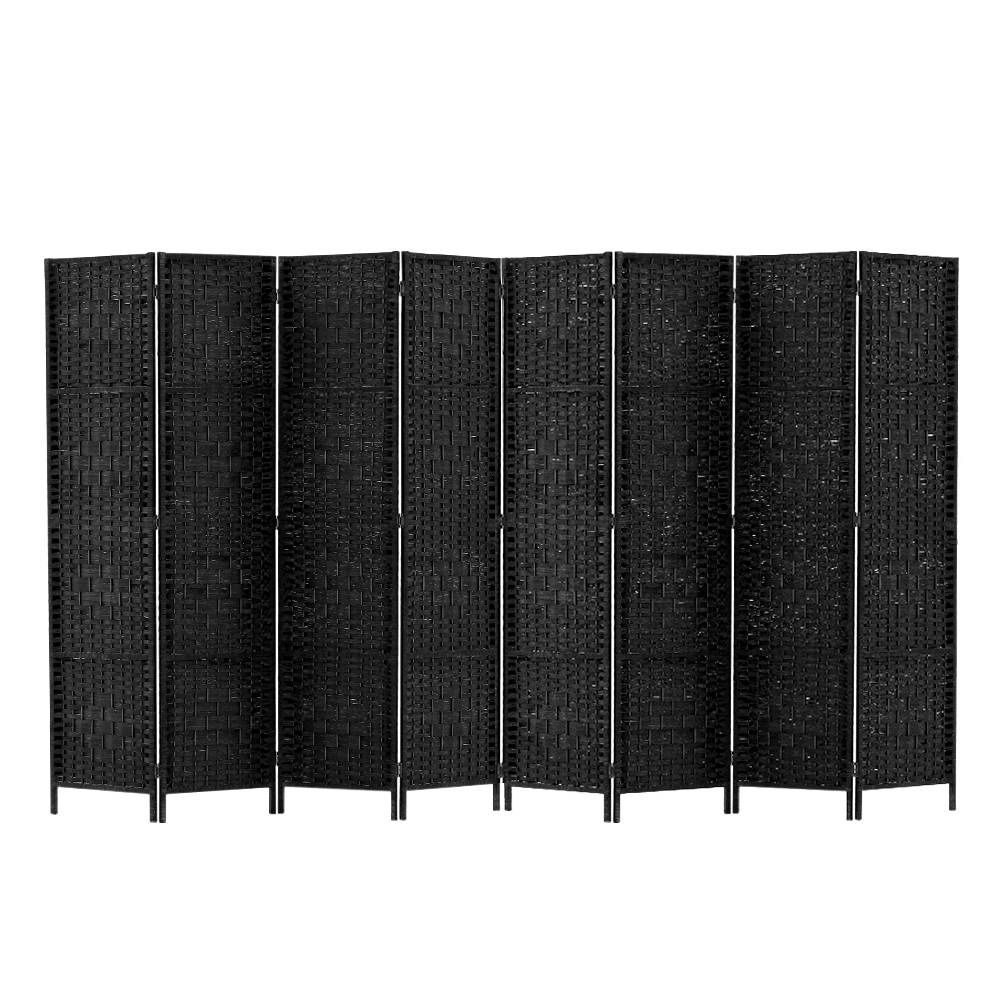 Black 8-panel woven paper rope room divider flat open front view on white background with black woven panels