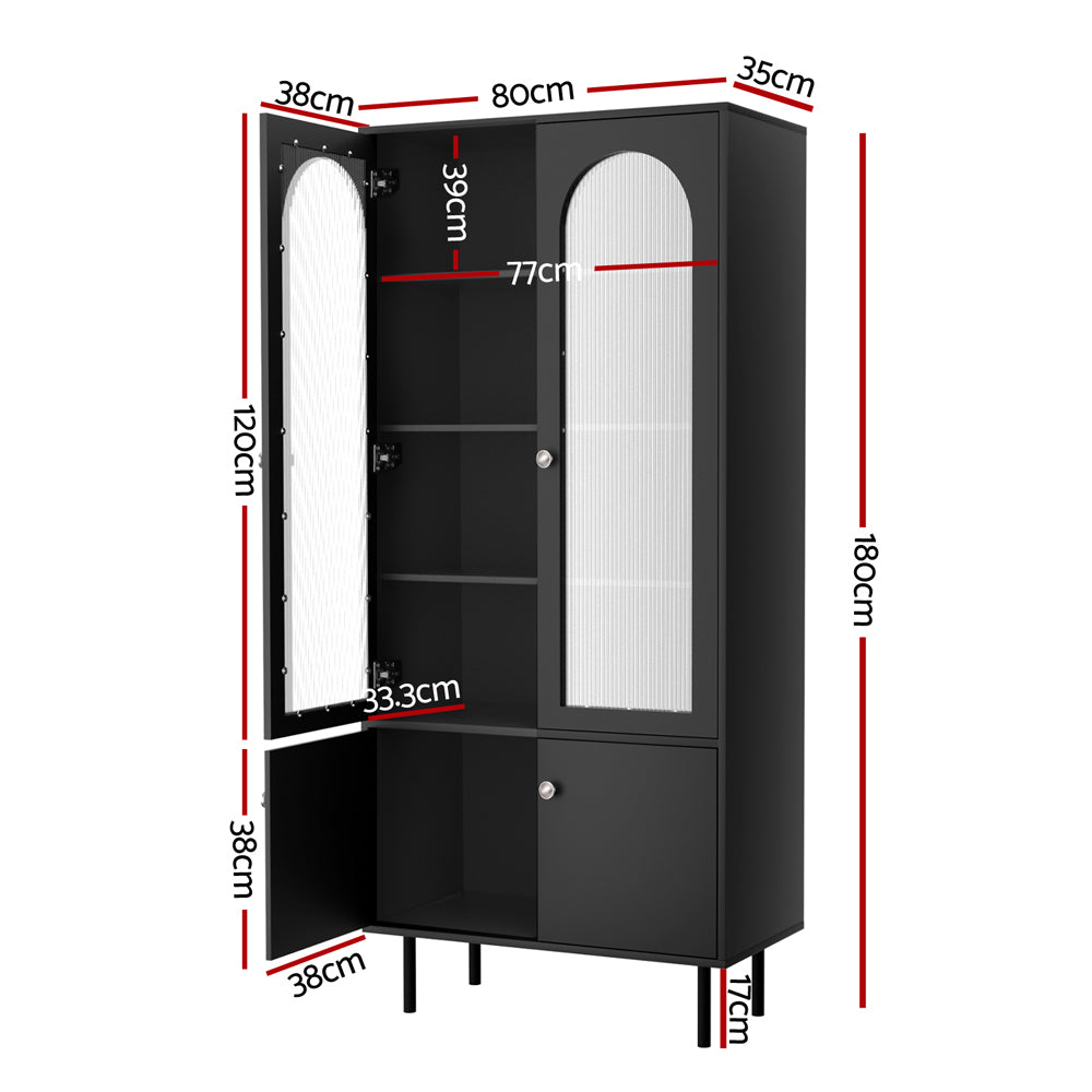 Black display cabinet dimensions: 80cm wide, 180cm tall, upper section 120cm, two internal shelves, 17cm metal legs