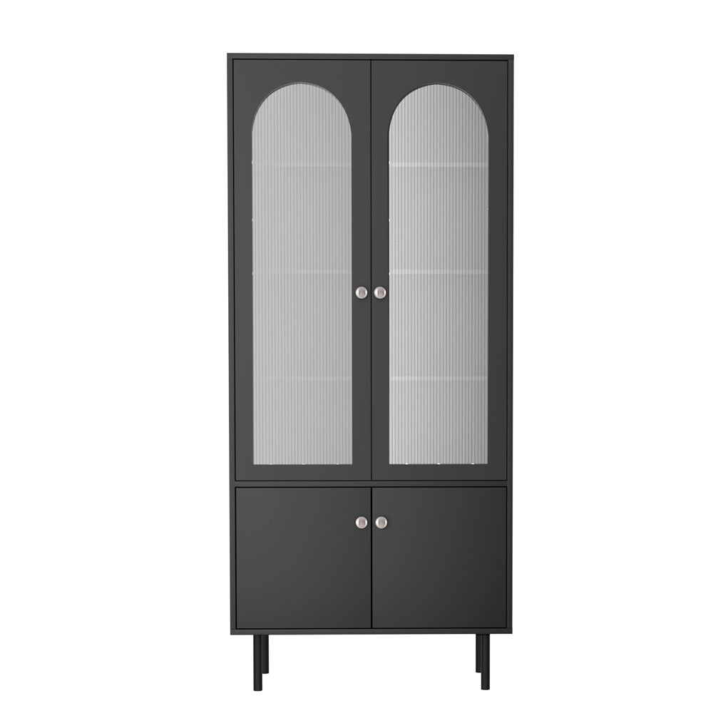 Tall black display cabinet front view on white background, two arched glass upper doors, two solid lower doors, silver knobs