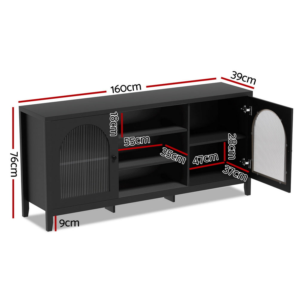 Black arch glass sideboard dimensions diagram: 160cm wide, 39cm deep, 76cm tall with both doors open showing internal shelves