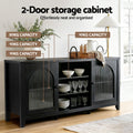 Black arched glass sideboard lifestyle scene, shelves with dinnerware; text: 2-Door storage cabinet, 50kg and 10kg capacity