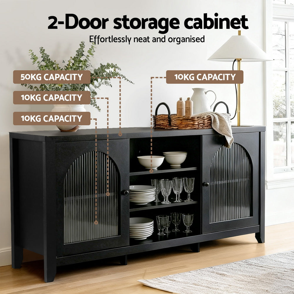 Black arched glass sideboard lifestyle scene, shelves with dinnerware; text: 2-Door storage cabinet, 50kg and 10kg capacity