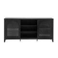 Black arch glass sideboard front view, both arched fluted glass doors closed, open central bay with two shelves, metal legs