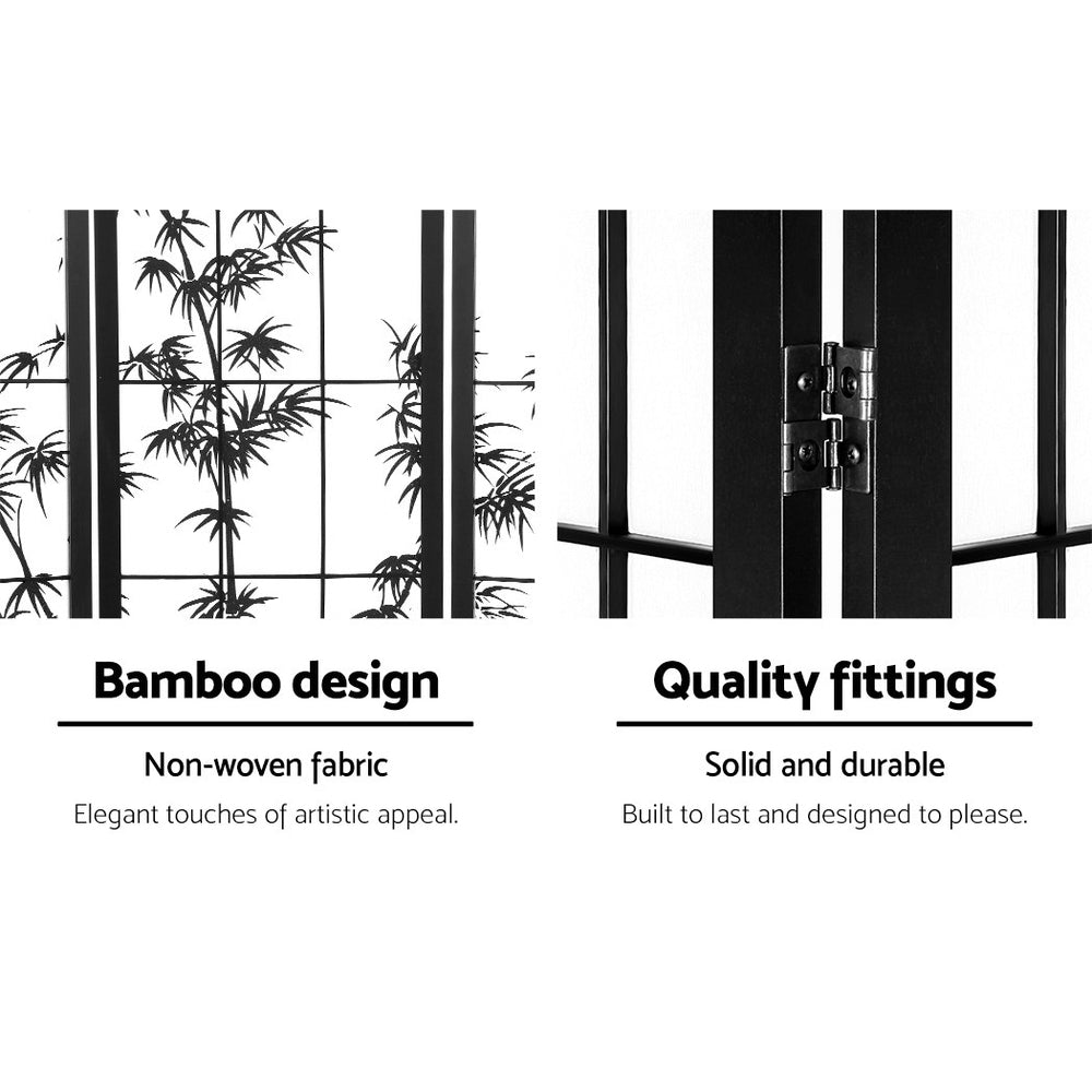 Black bamboo print shoji room divider features bamboo design non-woven fabric close-up and silver two-way hinge close-up