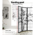 Black bamboo print shoji room divider 178.5cm height infographic in lifestyle room with framed wall photos and orchid