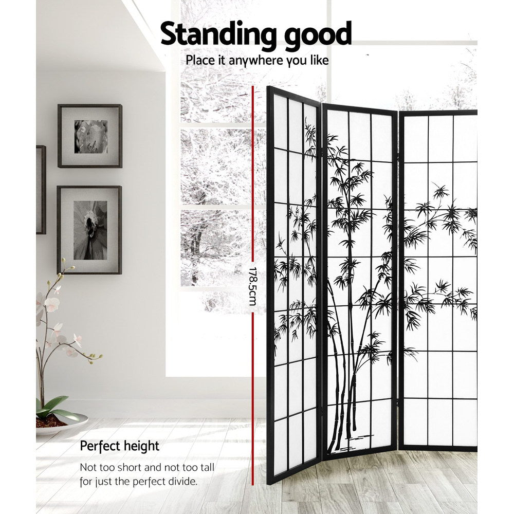 Black bamboo print shoji room divider 178.5cm height infographic in lifestyle room with framed wall photos and orchid