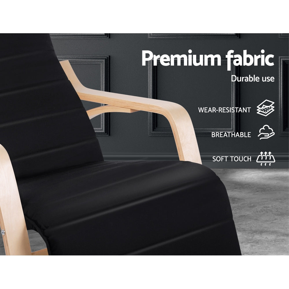 Close-up of black bentwood recliner arm and seat fabric, badges: Premium fabric, Wear-resistant, Breathable, Soft touch