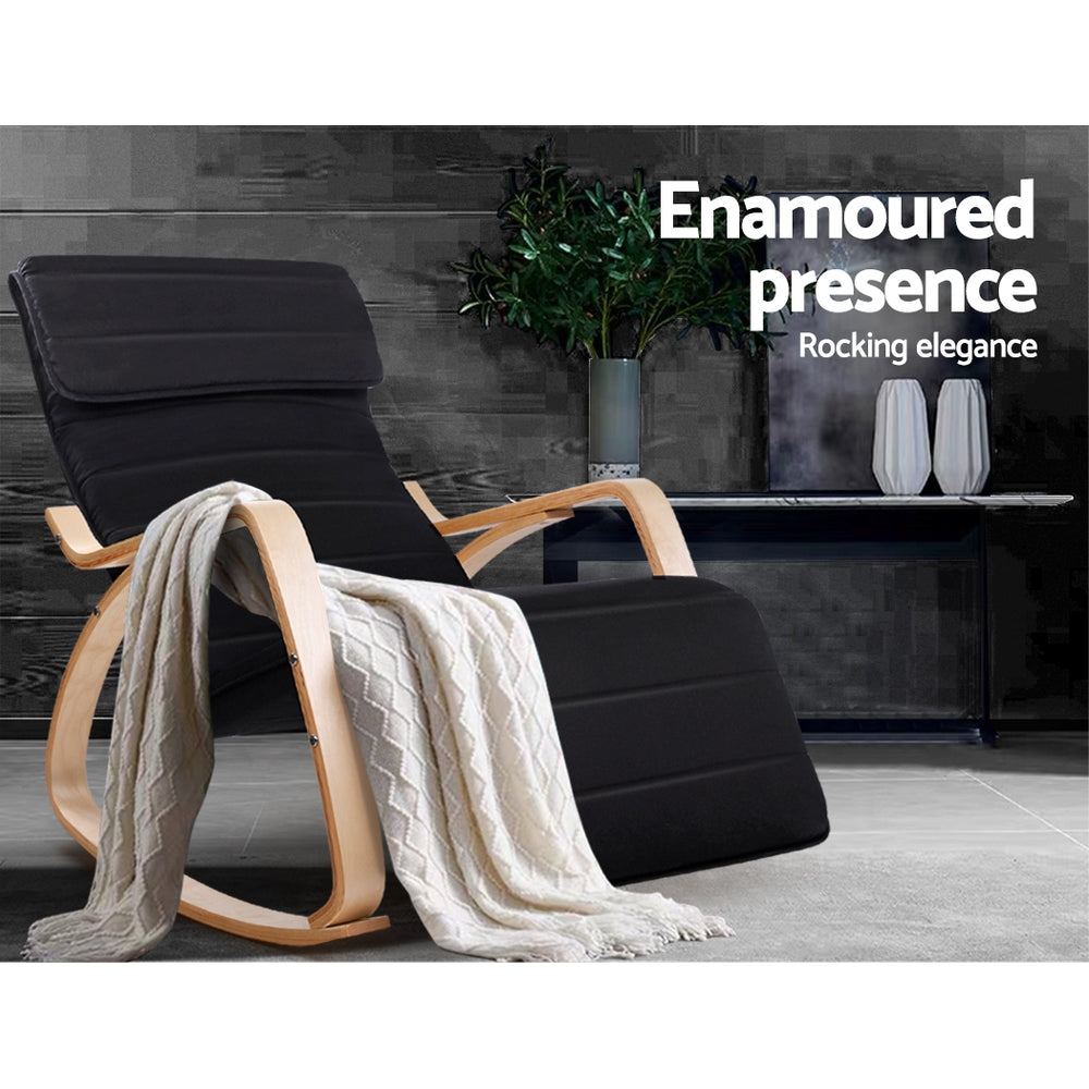 Black bentwood rocking recliner with cream throw in dark lifestyle room, text: Enamoured presence, Rocking elegance