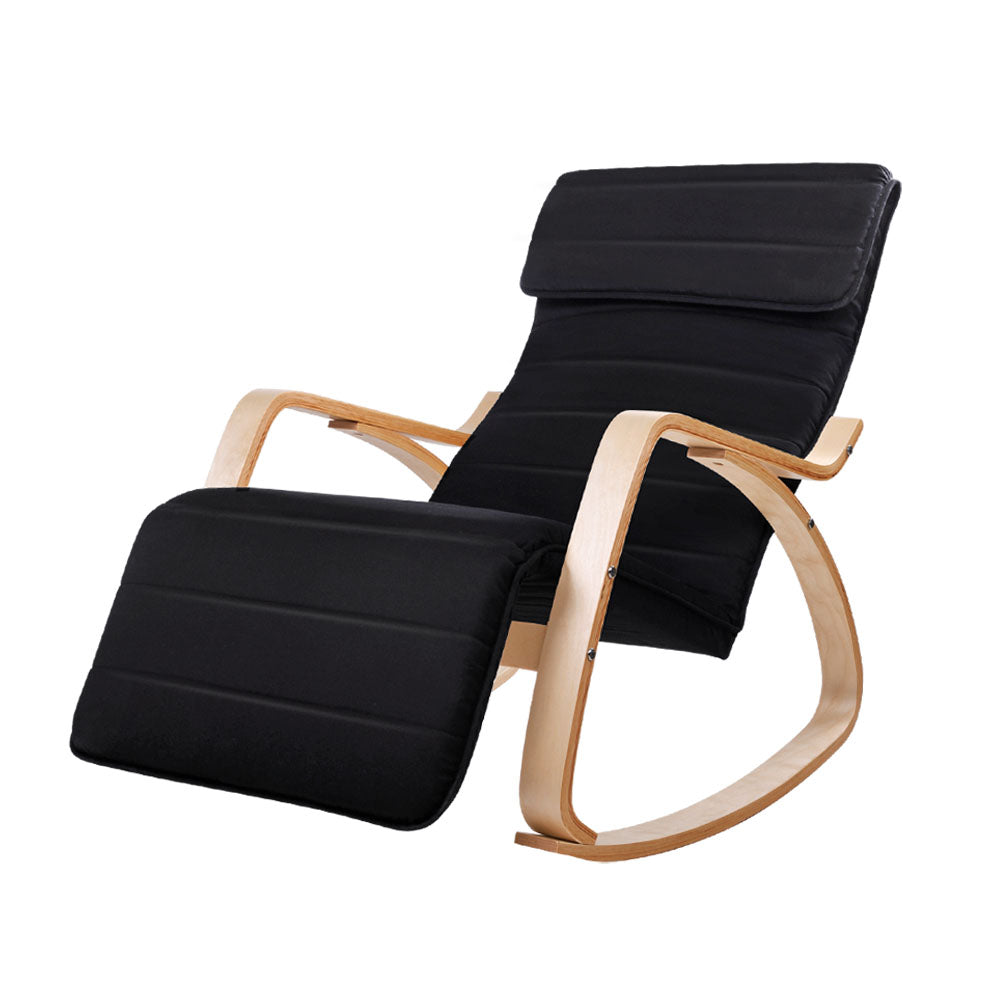 Black ribbed fabric bentwood rocking recliner with extended footrest and curved wood arms, angle view on white background
