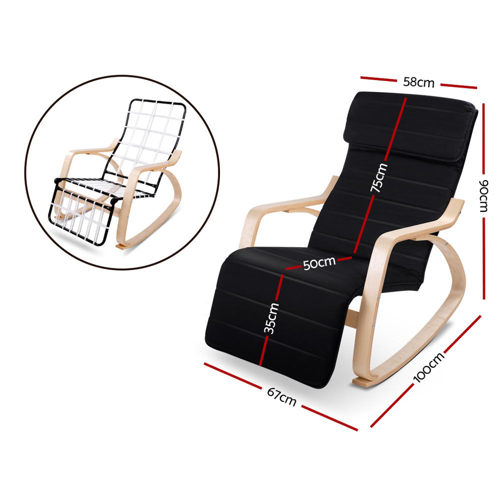 Dimensions diagram of black bentwood rocking recliner: 58W 90H cm, back 75cm, footrest 50x35cm, length 67cm, depth 100cm