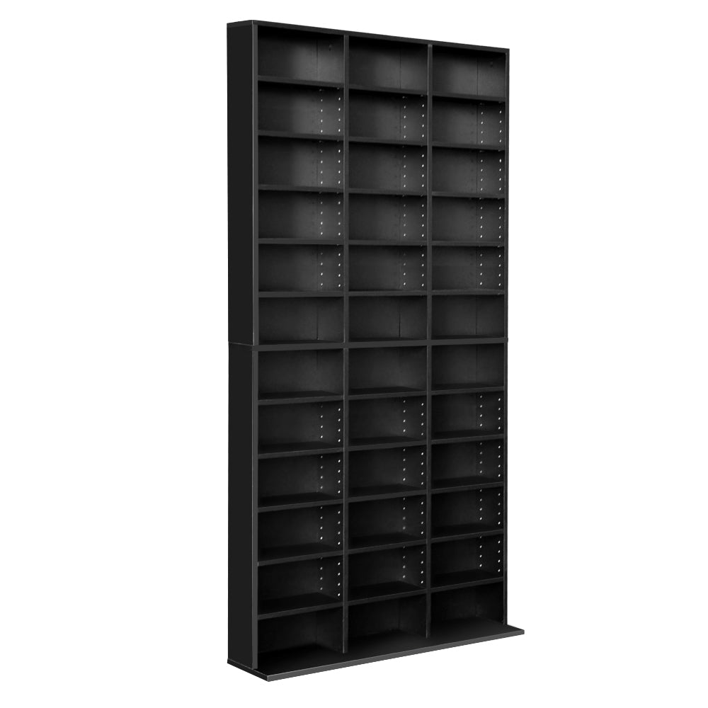 Black 3-column CD and DVD media storage shelf tower empty on white background, angle view