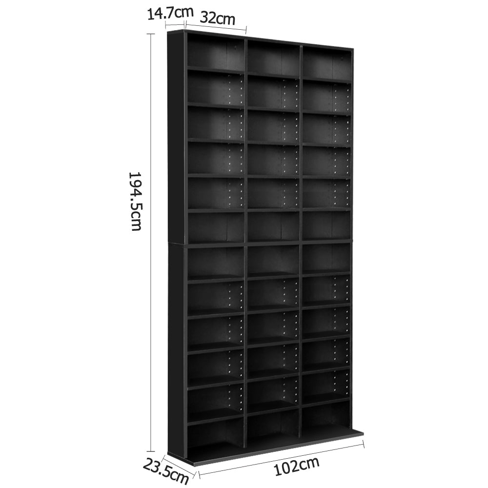 Dimensions diagram of black media storage shelf: 194.5cm tall, 102cm wide, 23.5cm deep, shelf 32cm wide