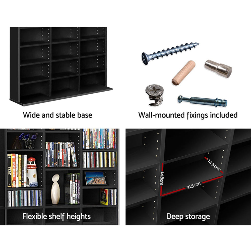 Black CD media unit 4-panel features: wide base, wall fixings, flexible shelf heights, deep storage 14.5x14.8x31.5cm