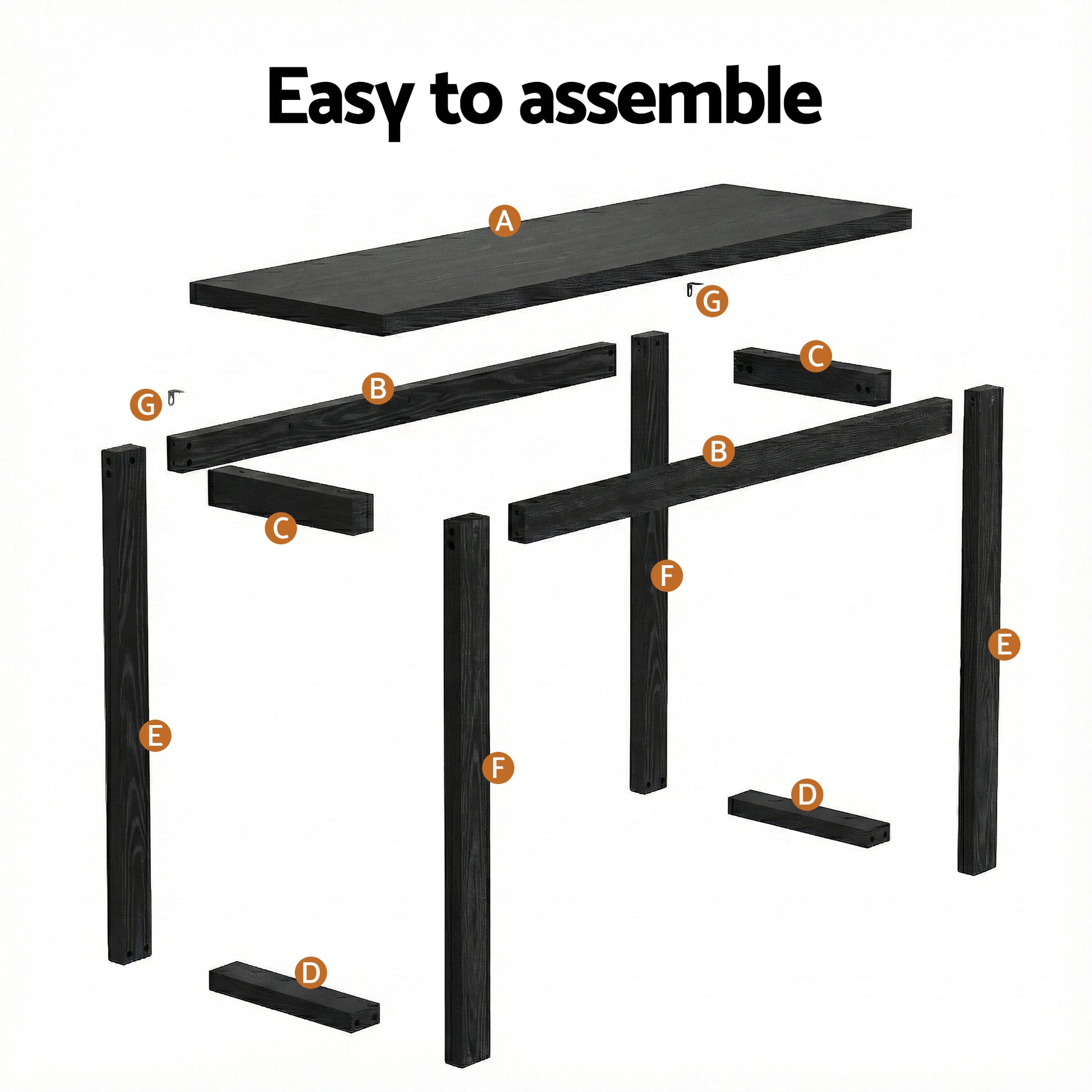 Black console table exploded assembly diagram with parts labelled A to G, text "Easy to assemble"