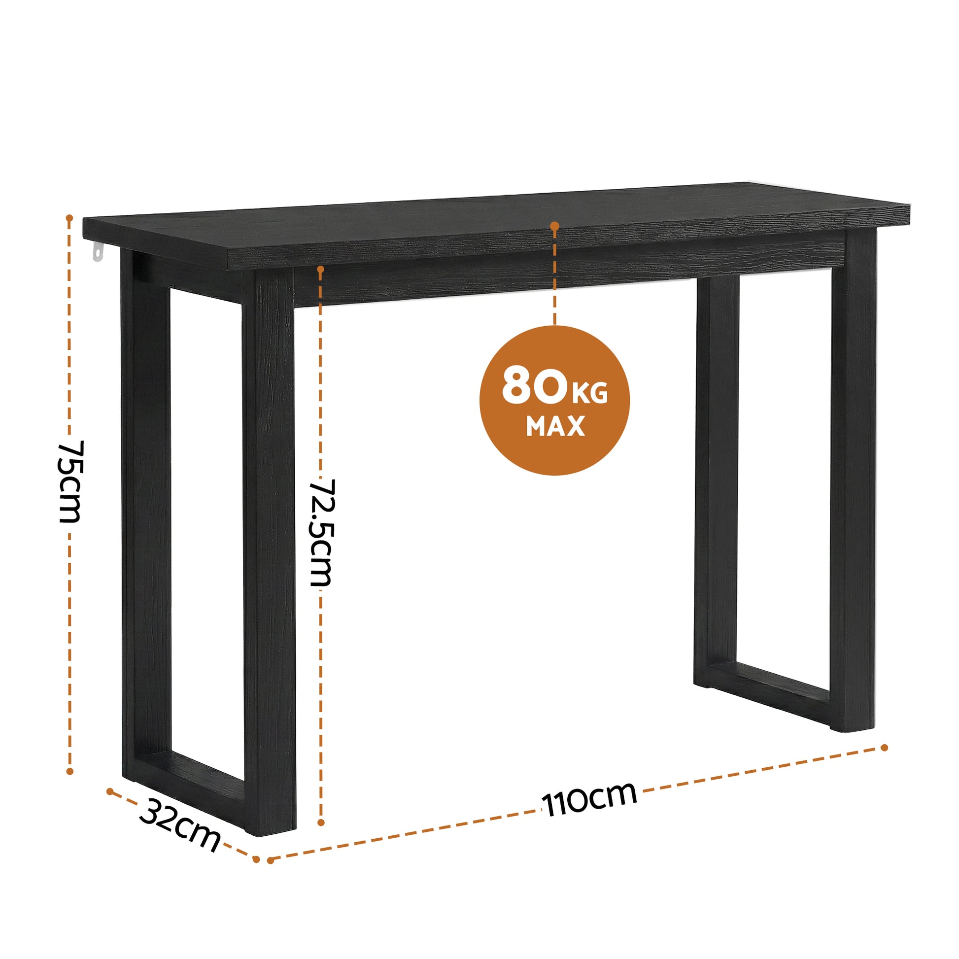 Black console table dimensions: 110cm wide, 32cm deep, 75cm tall, inner 72.5cm, 80kg max capacity