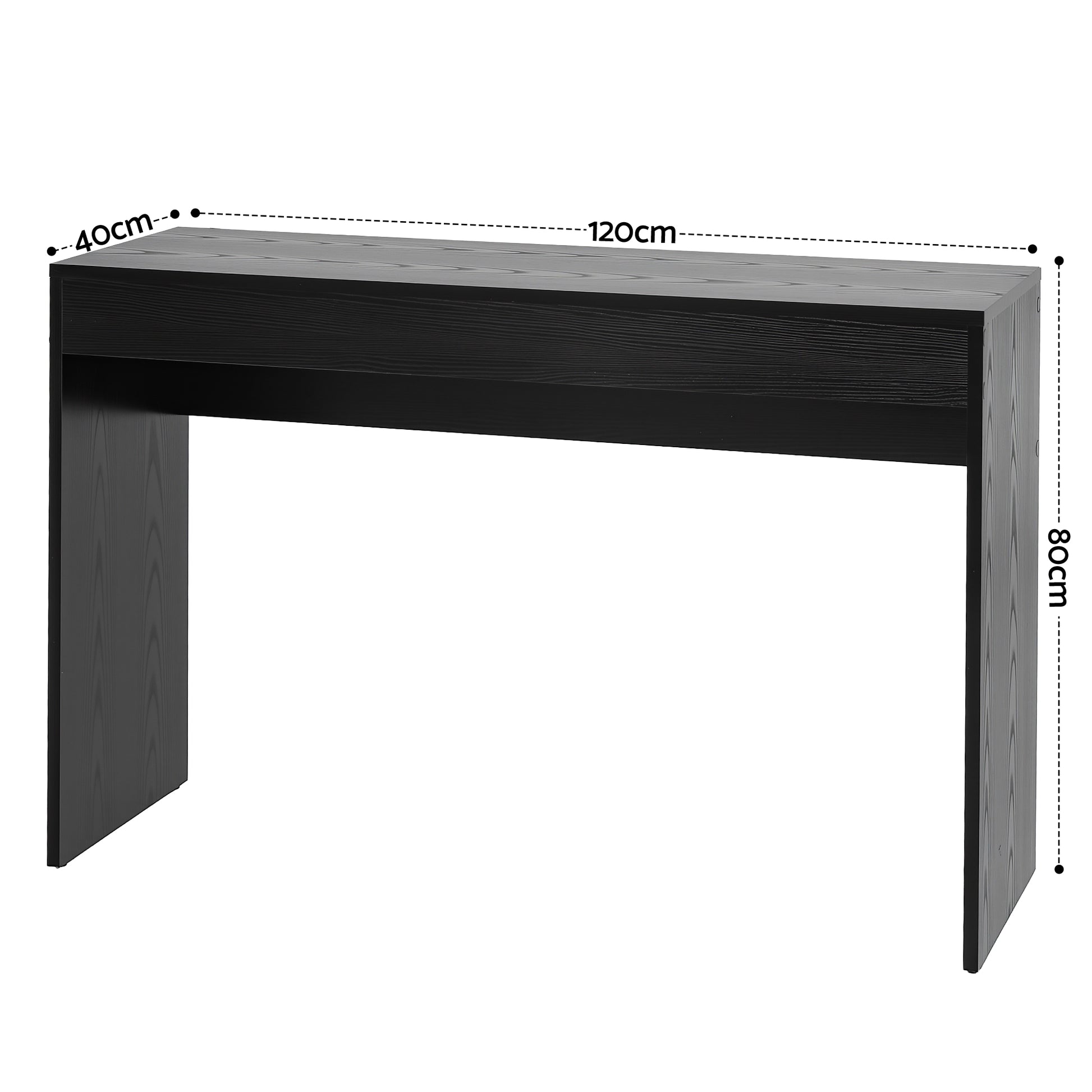 Black wood-grain console table dimensions: 120cm wide, 40cm deep, 80cm tall, on white background