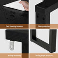 Black console table feature close-ups: waterproof tabletop, floor protectors, anti-tip accessory, and ski-leg structure