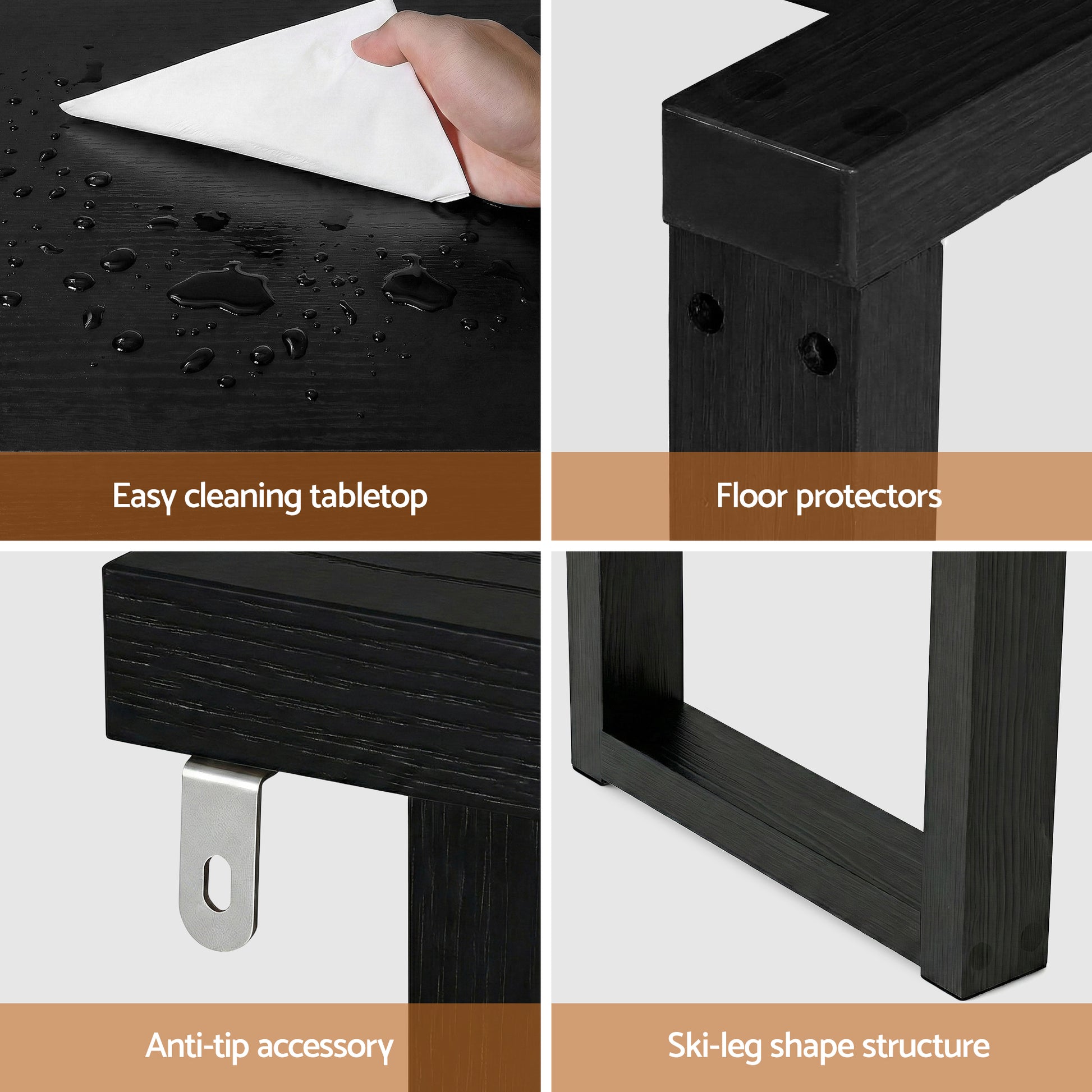 Black console table feature close-ups: waterproof tabletop, floor protectors, anti-tip accessory, and ski-leg structure