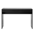 Black wood-grain console table with panel legs and open gap below top surface, front view on white background
