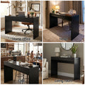 Black console table in four settings with labels: Home office, Hotel, Café and Living room