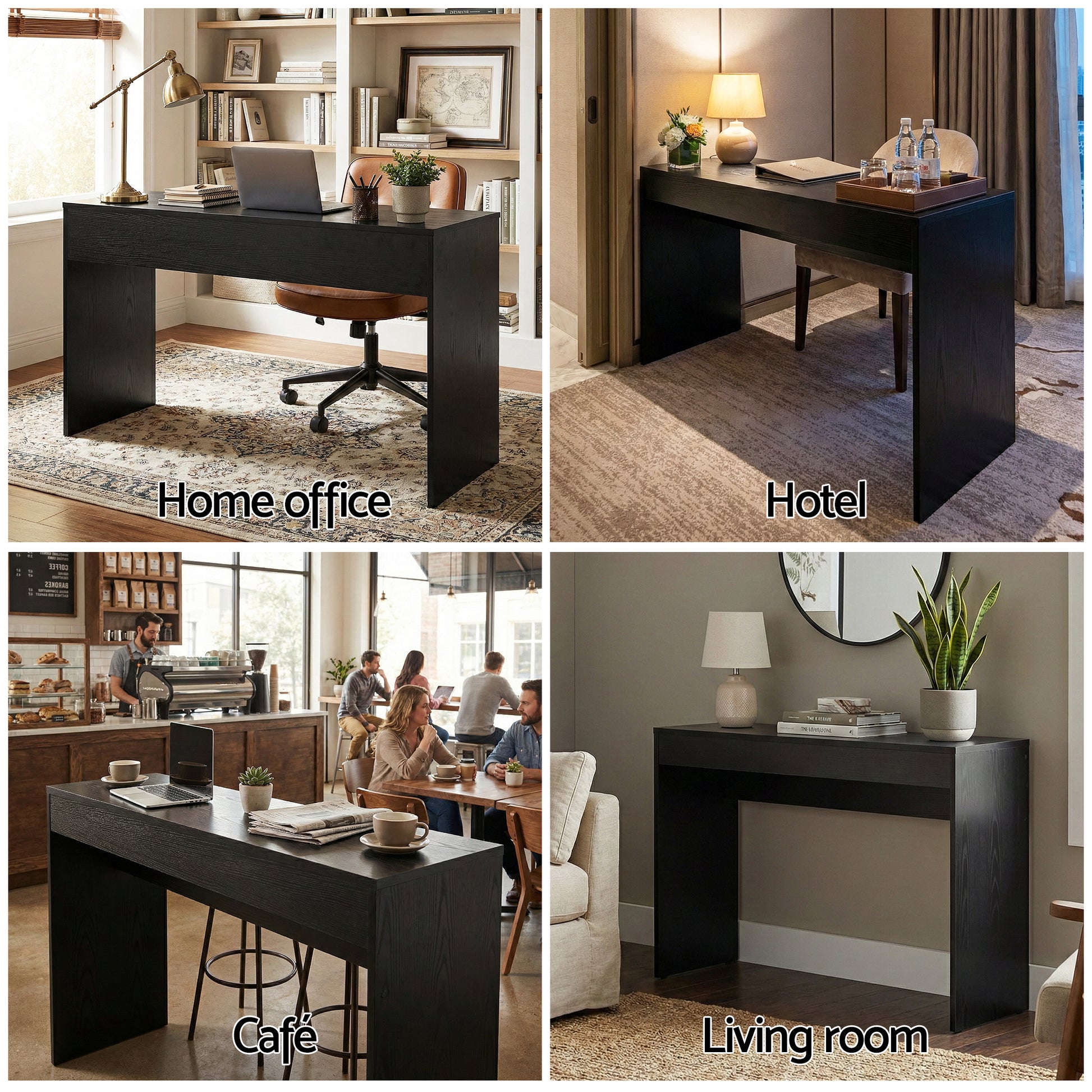 Black console table in four settings with labels: Home office, Hotel, Café and Living room