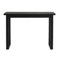 Black wood-grain console table with open rectangular U-shaped legs, front view on white background