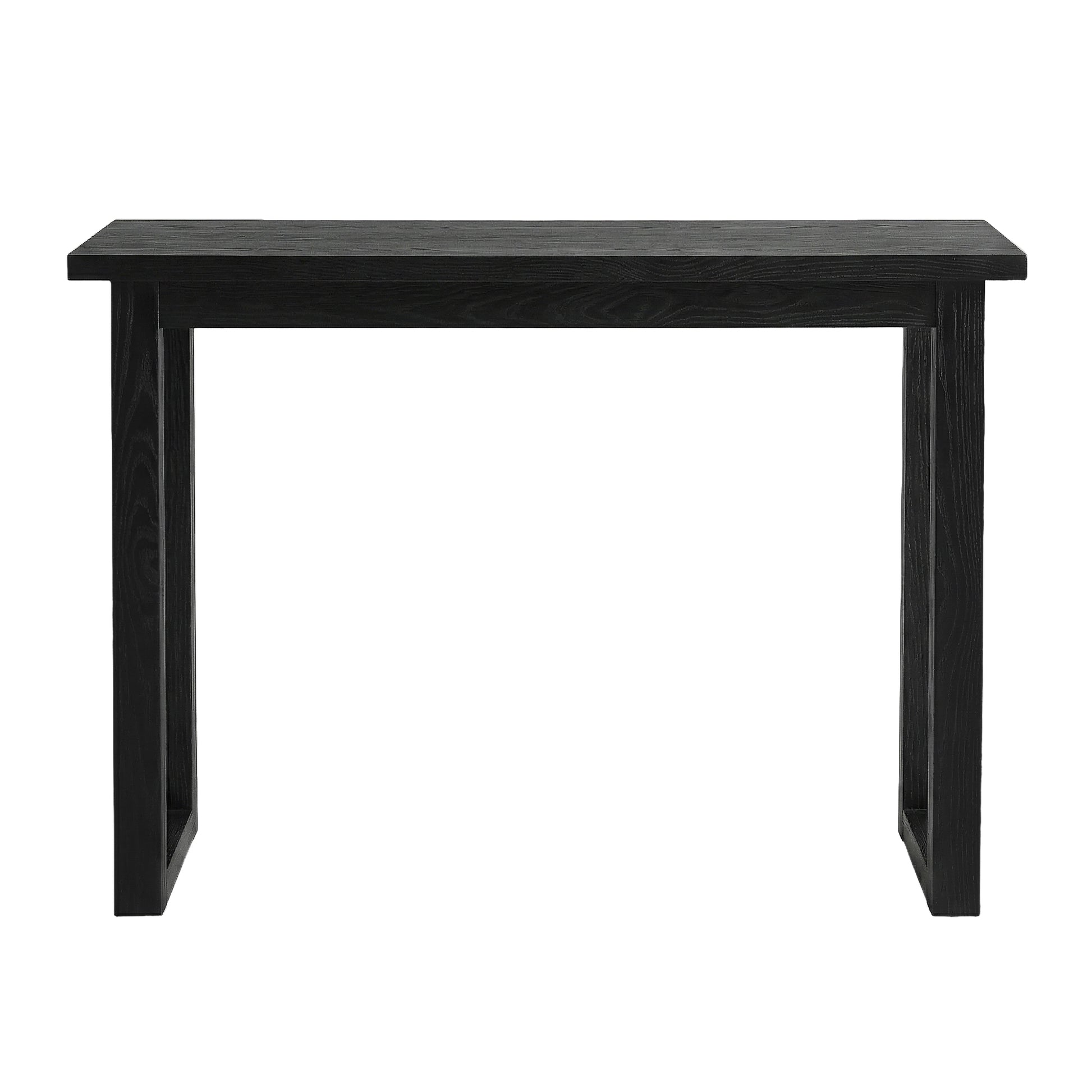 Black wood-grain console table with open rectangular U-shaped legs, front view on white background