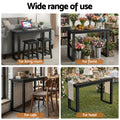 Black console table shown in four settings: living room, florist, cafe, and hotel, text 