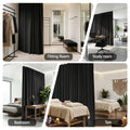 Black room divider curtain four-room usage infographic showing fitting room study bedroom and spa settings