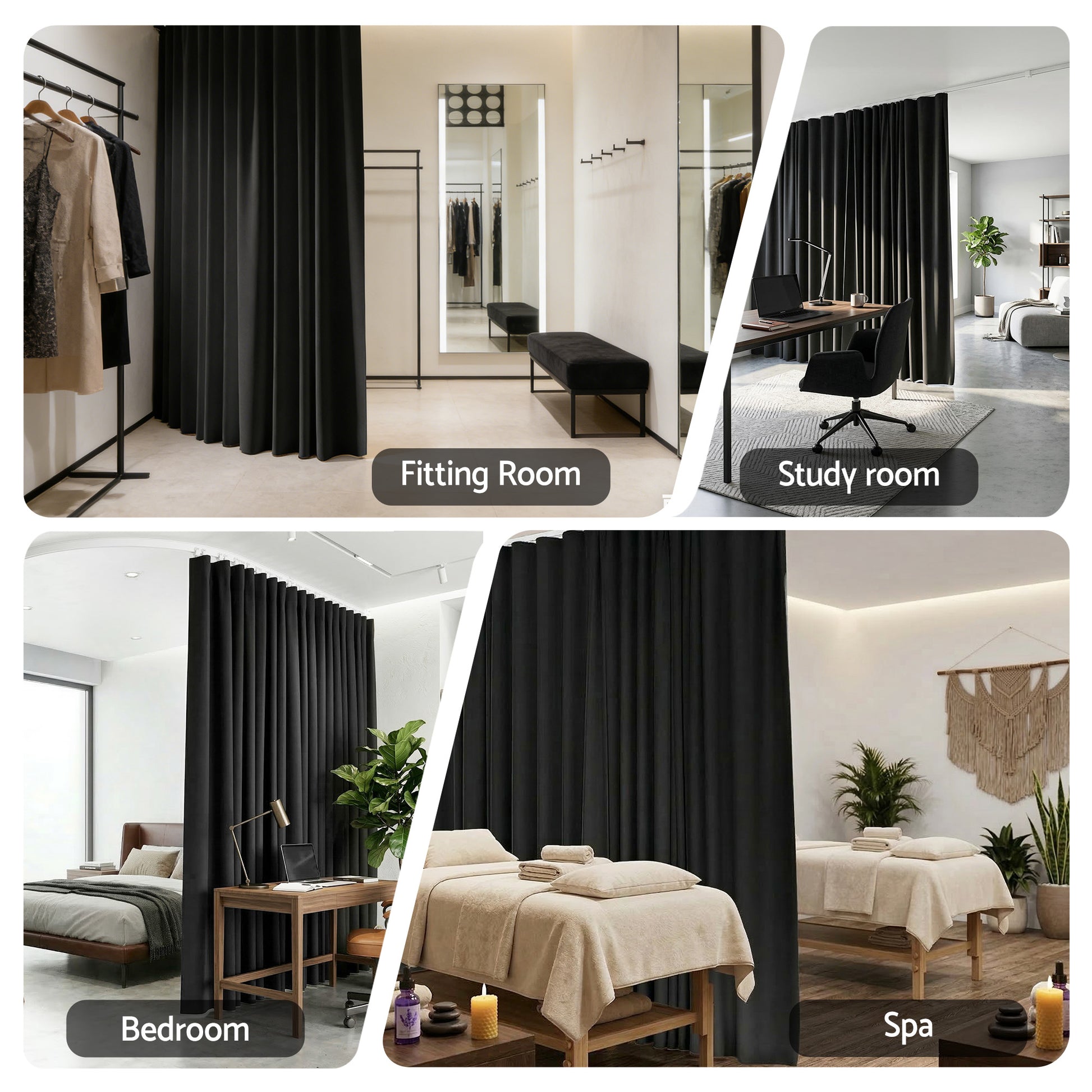 Black room divider curtain four-room usage infographic showing fitting room study bedroom and spa settings