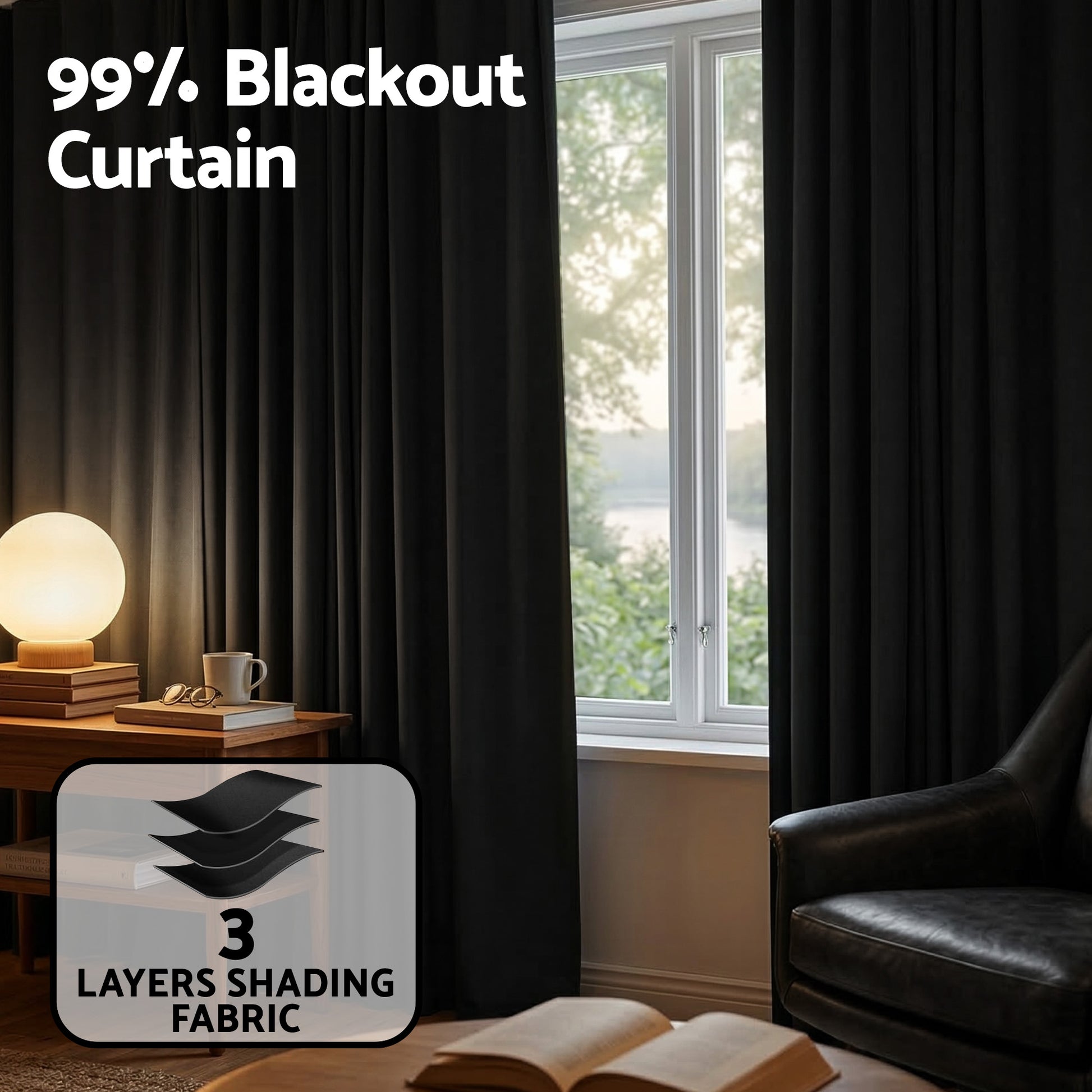Black 99% blackout curtain in dark room lifestyle with globe lamp book mug leather chair and 3-layer fabric callout